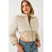 Bianco Lucci Womens Leather Garni Detailed Crop Faux Fur Jacket 2622