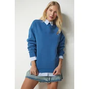 Happiness Istanbul Womens Indigo Blue Stand-Up Collar Basic Shark Sweatshirt