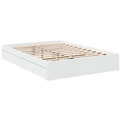 Vidaxl Posteljni okvir s predali bel 135x190 cm inženirski les