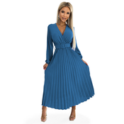 Pleated midi dress with a neckline, long sleeves and a wide Numoco belt