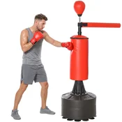 HOMCOM Boksarska vreča z nastavljivo višino s punch ball, rotacijsko palico in polnilno osnovo, talna vreča iz PU, EPE in HDPE, 88x48x155-205 cm, rdeča in črna