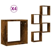 Vidaxl Stenske kockaste police 4 kosi dimljen hrast 30x15x30 cm