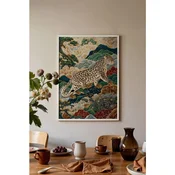 WallXpert uramljena slika 115250, snežni leopard u orijentalnom stilu medu planinama i oblacima, 30 x 40 cm, beli ram