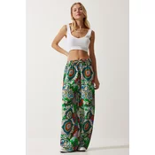 Happiness Istanbul Womens Green Orange Patterned Flowing Viscose Palazzo Trousers