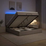 vidaXL Otomanska postelja z vzmetnico in LED Taupe 140 x 200 cm Blago