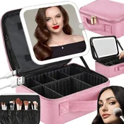 Kozmeticki organizator putovanja i ogledalo s LED rasvjetom za make-up roza