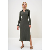 Trend Alaçati Stili Womens Khaki Polo Collar Half Placket Side Slit Interlock Fabric Dress