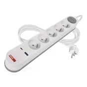 Podaljševalni kabel 3 m/5 vtičnic/s stikalom/belo-siv/1xUSB-A + 1xUSB-C/1,5 mm2