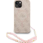 Guess PU Leather 4G barvni obroč trak MagSafe zadnji ovitek za iPhone 15 roza