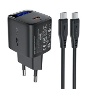 Premium 20W stenski polnilni adapter Acefast A113 z GaN tehnologijo, 1x USB-C izhodom in kablom - črn