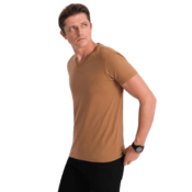 OMBRE Moška klasična bombažna majica BASIC s širokim izrezom BASIC toplo rjava MDN124302 XXL