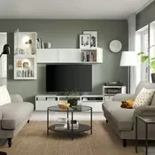 BESTA TV komb.odlaganje/staklena vrata, bela/Hanviken belo bistro staklo, 300x42x211 cm