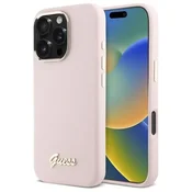Guess Silikonski ovitek Guess GUHCP16LSMBSLP za iPhone 16 Pro 6.3 roza/roza z napisom in kovinskim logotipom ter okvirjem