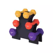Songmics Set uteži šestkotnih z stojalom 2x1 kg 2x15 kg 2x2 kg rumena oranžna vijolična