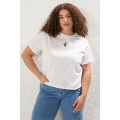 Trendyol Curve White Crew Neck Embroidery Knitting Plus size T-shirt