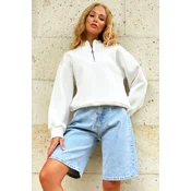 Trend Alaçati Stili Womens White Stand Collar Zippered Inside Raised 3 Thread Crop Sweatshirt