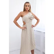 Womens pleated dress with flowers - light beige