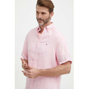 Lanena srajca Tommy Hilfiger roza barva, MW0MW35207