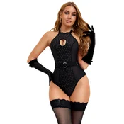 Black Sexy Flocked Mesh Halter Neck Crotchless Bodysuit S