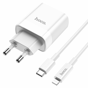 ZIDNI PUNJAC ZA MOBITEL I TABLET HOCO C80A NETWORK CHARGER PD20W/QC3.0 + LIGHTNING CABLE WHITE