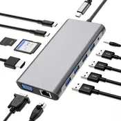 slomart USB C HUB - Priklopna postaja za MacBook & več naprav: 4K HDMI, VGA, USB 3.0, USB 2.0, RJ45, SD/TF, AUX, PD, 12V napajanje.