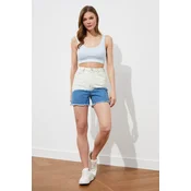 Trendyol Blue White Color-Blocked Tasseled Denim Shorts