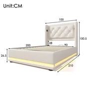 SONNENH Enojna postelja, 90 x 200 cm, PU, bela, 210 x 100 x 101 cm, led osvetlitev, priključek usb, za spalnico