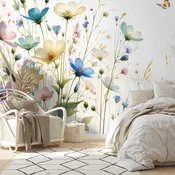 Samolepilna tapeta pastelne rože in leteči metulji - 245x270