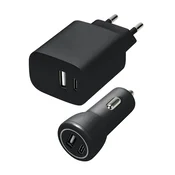 Komplet stenskega in avtomobilskega polnilnika Speedlink - USB-A in USB-C, 15 W, črn