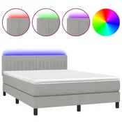 Vidaxl Box spring postelja z vzmetnico LED sv. siva 140x200 cm blago