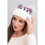 Kesi Womens winter cap with wool and lettering with a large pom-pom K422 white