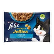 Felix Sensations mokra hrana za mačke, postrv s špinačo in losos s kozico v želeju