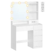 Songmics Toaletna mizica z ogledalom LED osvetlitvijo vtičnico 5 predalov 80x40x1443 cm bela