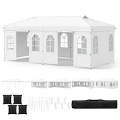 Costway Paviljon za zabave s pop-up sistemom 3x6 m, nastavljiva višina, bela, z 6 stranskimi stenami in okni