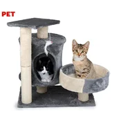 PET Toys mačje drevo in praskalnik za mačke, 2 nivoja, za praskanje/spanje/igranje, 58x50x33cm, sivo-rjavo
