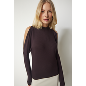 Happiness Istanbul Womens Dark Brown Stand-Up Collar Open-Shoulder Knitwear Blouse