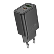 Hoco Mrežni polnilnik za telefon Hoco USB-A + USB-C QC3.0 PD 3A 30 W N63, črn