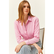 Olalook Womens Candy Pink Slim Ribbed Velvet Shirt