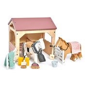 Lesena staja s konji The Stables Tender Leaf Toys z odejico in dodatki