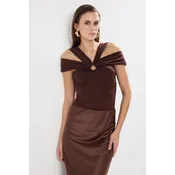 Trendyol Brown Carmen Collar Accessory Knitted Bodysuit