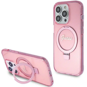 Originalna torbica GUESS Hardcase GUHMP15XHRSGSP za iPhone 15 Pro Max (Magsafe / bleščeč logotip / stojalo z obročkom / roza)