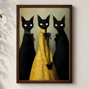 WallXpert uramljena MDF slika 3752KACT-025, tri crne macke u haljinama, jedna u žutoj, 37 x 52 cm