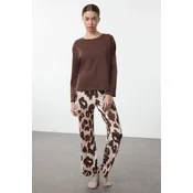Trendyol Brown 100% Cotton Leopard Print Knitted Pajamas Set