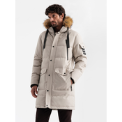 Ombre Mens long warm parka jacket with hood - beige