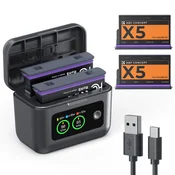 K&F Concept baterija za Insta360 X5, 2700 mAh, 2 kosa + polnilnik s 2 ležišči in zaslonom, PD 20 W