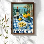 WallXpert uramljena MDF slika NAL007-46, trpeza sa vinom, limunovima i raviolama iznad mora, natpis Amore Mio, 35,5 x 47 cm