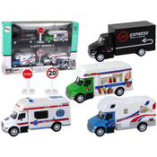 slomart Komplet 4 vozil LEAN TOYS (Kamper, Tovornjak, Rešilec, Prodajalna sladoleda) 1:87