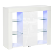 HOMCOM HOMCOM Moderna bočna omara z vrati z LED-lučmi in steklenimi policami, večnamenska lesena omara s polirano površino, 97x35x83cm, bela, (20754065)