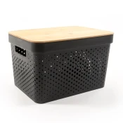 Mhome Plastco pvc košara z lesenim pokrovom 35,5x26,5x21,5cm/črna/pvc, les