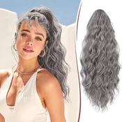 Podaljšek za rep sintetični valoviti siv 50 cm kodrast ponytail na sponko volumen naraven videz mehak lahek za vsakdan zmenke poroke